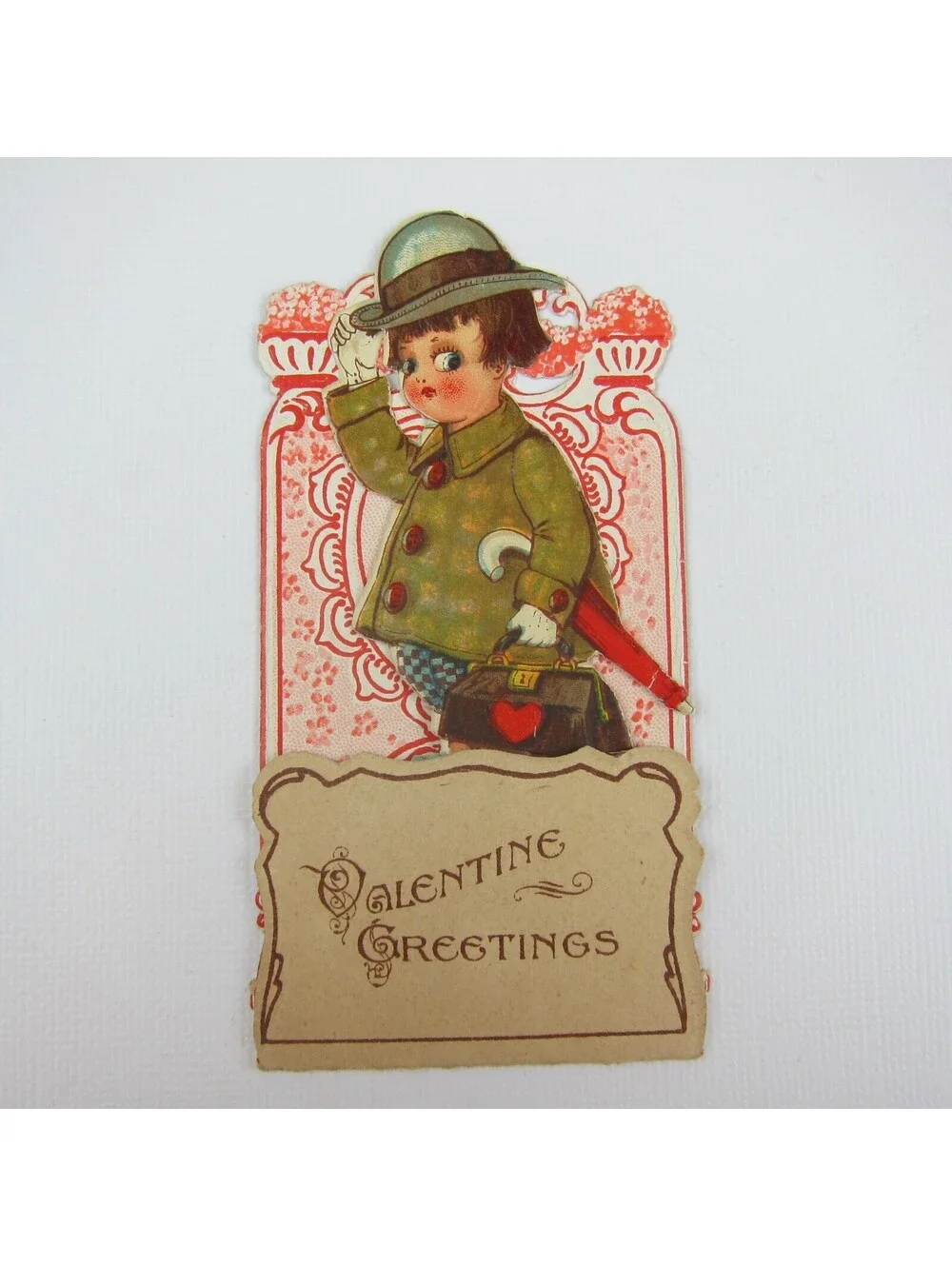 Vintage Valentine 3D Pop Up Die Cut Boy Green Coat & Hat Red Umbrella Black Bag
